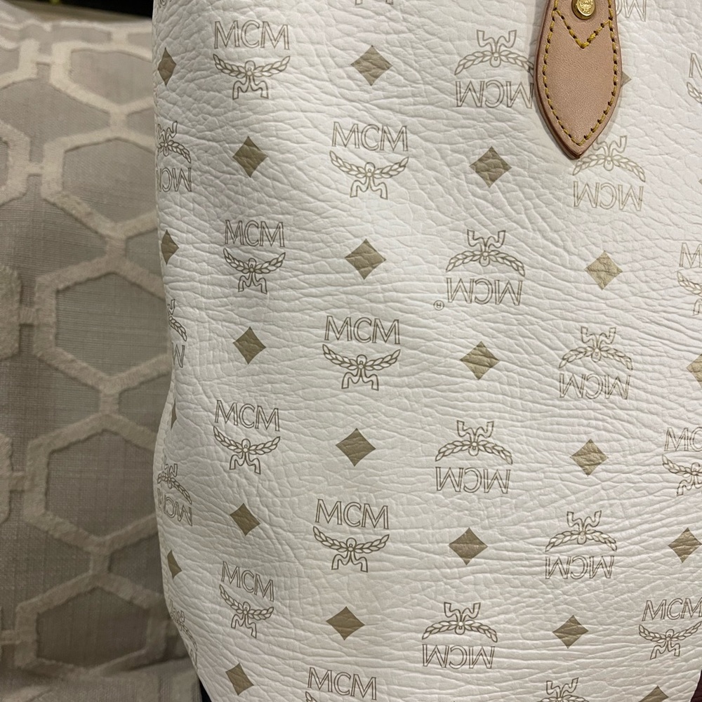 MCM White Canvas Monogram Tote with Brown Leather Trim and Yellow-Black Stripe - Picture 6 of 7
